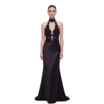 JW PEI Floral Lace Halter Plunge-Neck Satin Maxi Dress