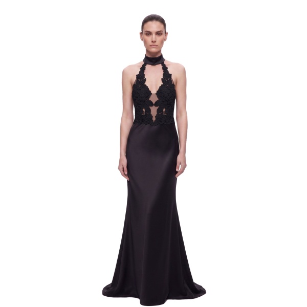JW PEI Floral Lace Halter Plunge-Neck Satin Maxi Dress