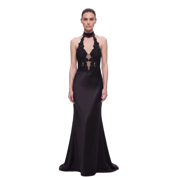 JW PEI Floral Lace Halter Plunge-Neck Satin Maxi Dress