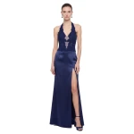JW PEI Floral Lace Halter Slit Satin Maxi Dress