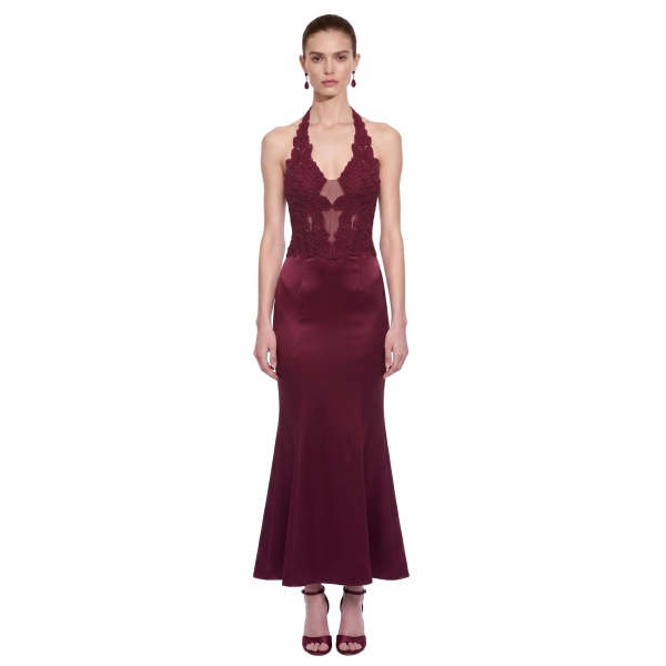 JW PEI Floral Lace Sheer-Panel Halter Mermaid Dress