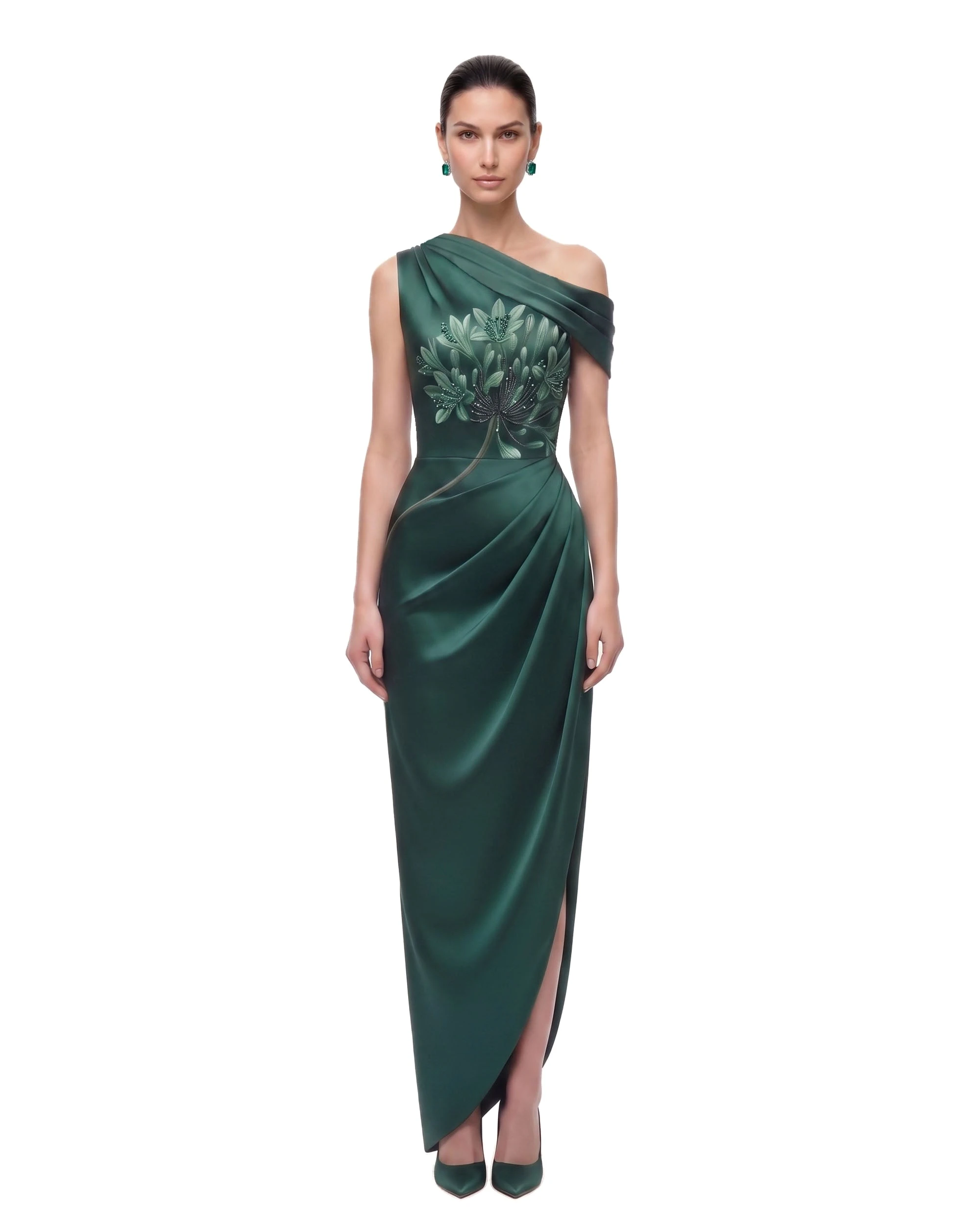 JW PEI maxi dress | Los Angeles Vegan Fashion Dresses | Luxury Shoes JW PEI Floral One-Shoulder Draped Slit Maxi Dress