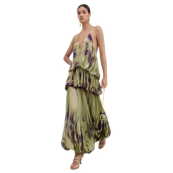 JW PEI Floral Print Plunge-Neck Tiered Bubble-Hem Maxi Dress