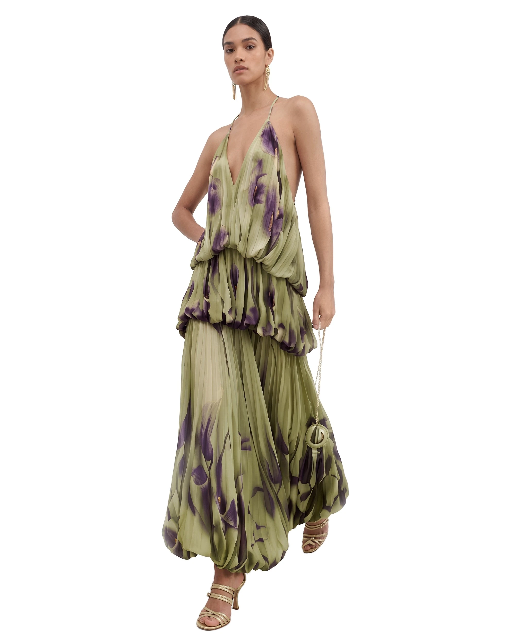 JW PEI maxi dress | Los Angeles Vegan Fashion Dresses | Luxury Shoes JW PEI Floral Print Plunge-Neck Tiered Bubble-Hem Maxi Dress