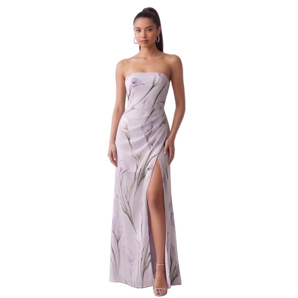 JW PEI Floral Print Strapless Draped Slit Maxi Dress