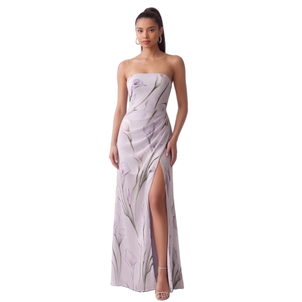 JW PEI Floral Print Strapless Draped Slit Maxi Dress