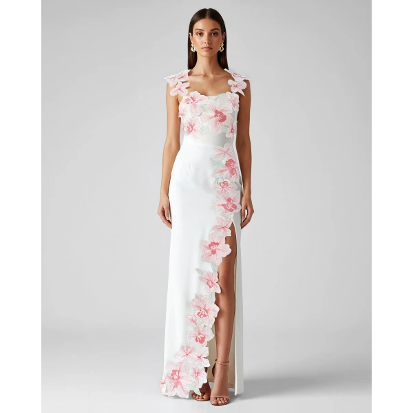 Flower Embroidered Dress in White/Pink