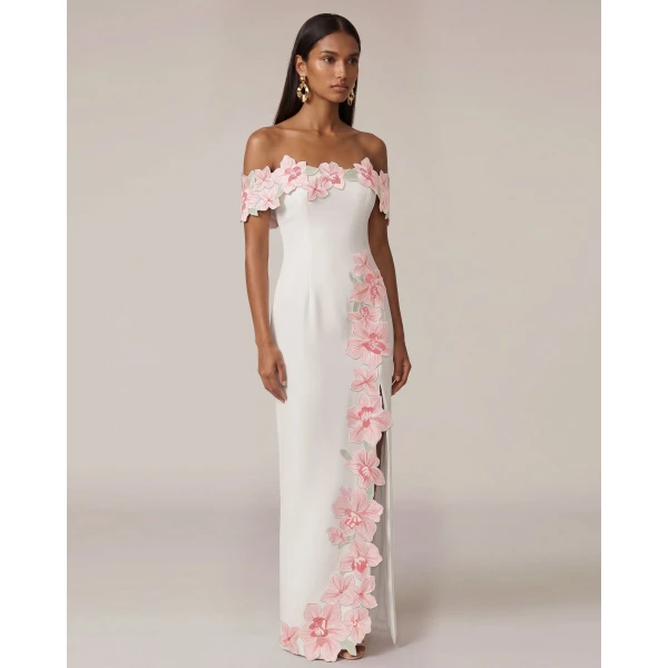 Flower Embroidered Off-Shoulder Maxi Dress in Ivory