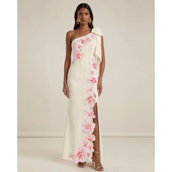 Flower Embroidered One-Shoulder Maxi Dress in Ivory