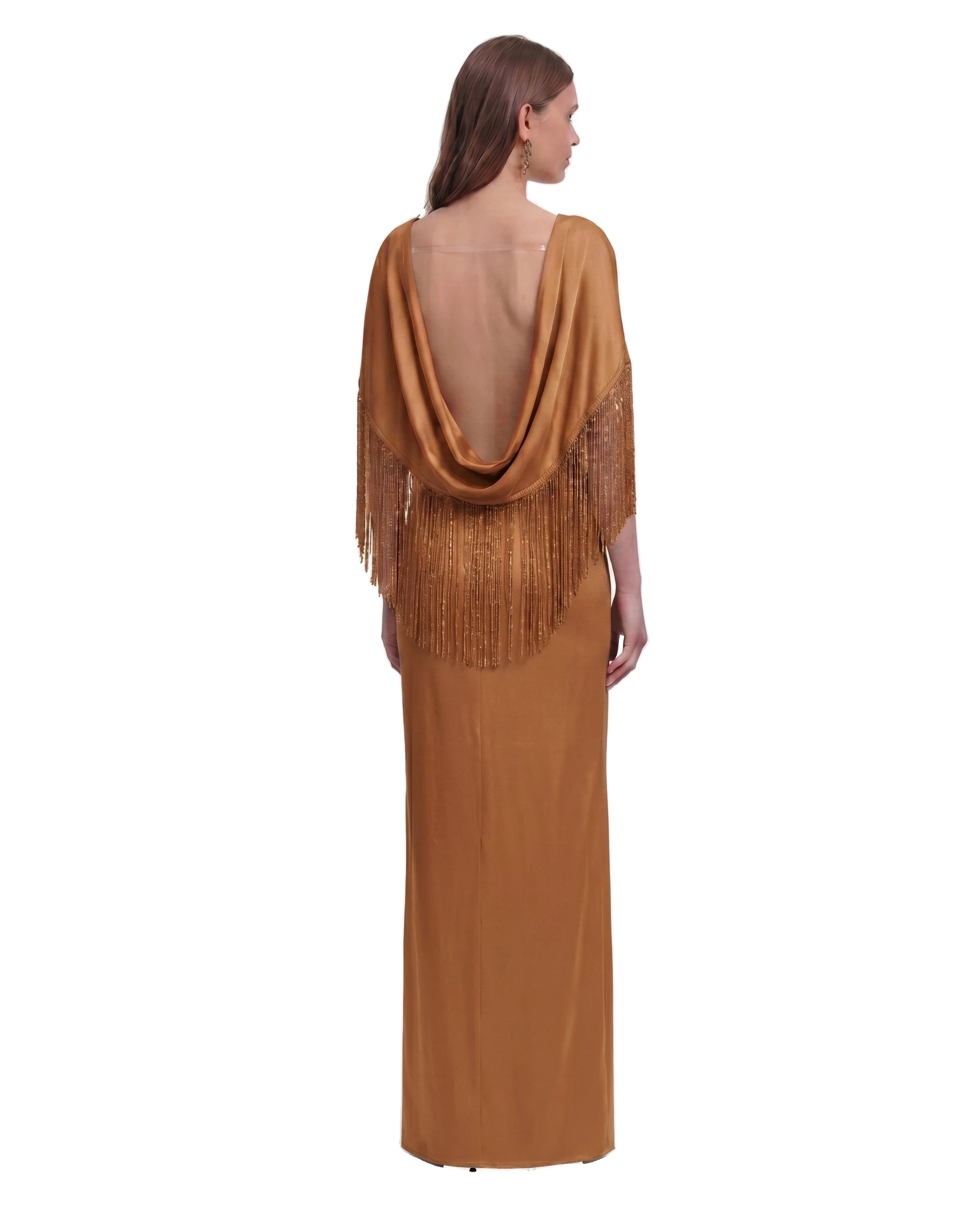 JW PEI maxi dress | Los Angeles Vegan Fashion Dresses | Luxury Shoes JW PEI Fringe Cape Satin Maxi Dress