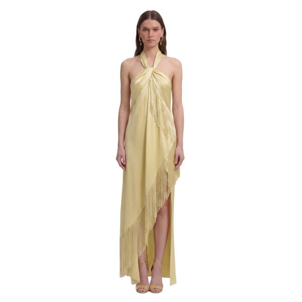 JW PEI Fringe Halter Draped Satin Maxi Dress