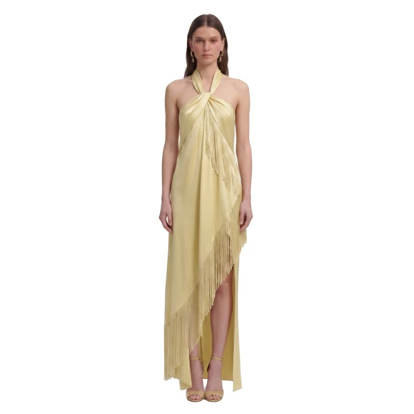 JW PEI Fringe Halter Draped Satin Maxi Dress