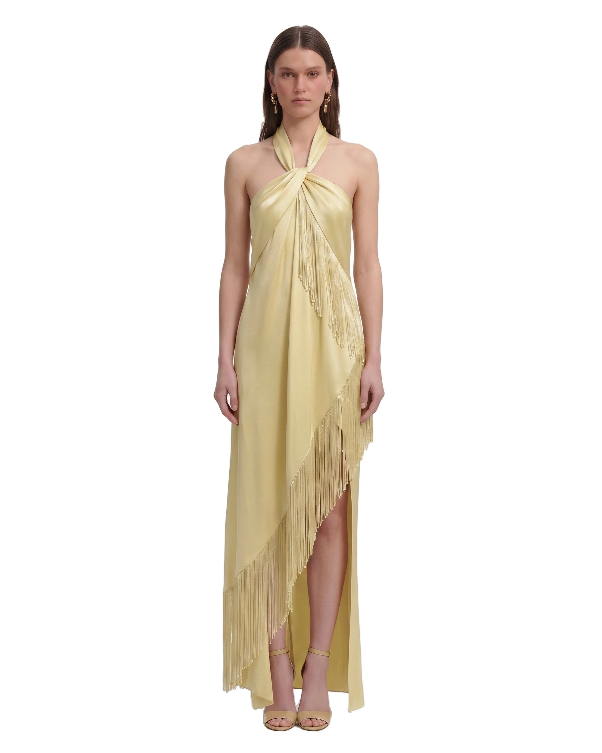 JW PEI maxi dress | Los Angeles Vegan Fashion Dresses | Luxury Shoes JW PEI Fringe Halter Draped Satin Maxi Dress