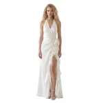 JW PEI Halter Draped Rosette Slit Maxi Dress