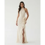 JW PEI Halter Ruffle Rosette Slit Maxi Dress