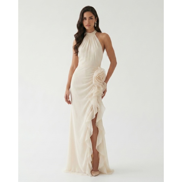 JW PEI Halter Ruffle Rosette Slit Maxi Dress