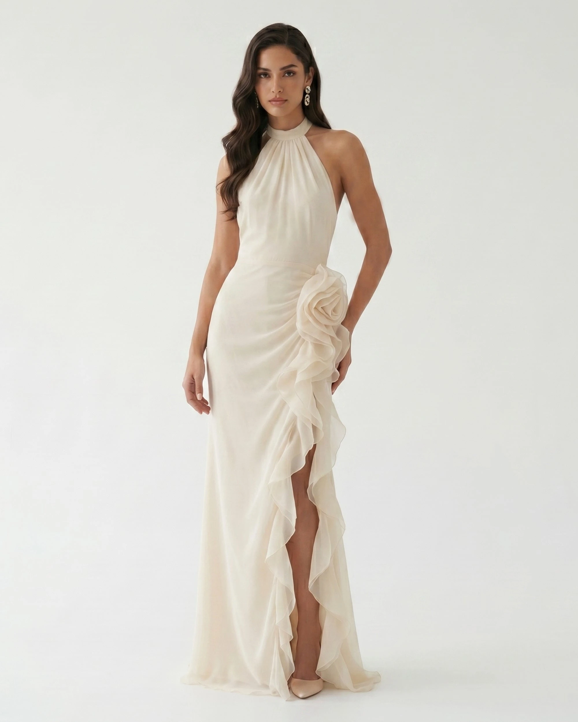 JW PEI maxi dress | Los Angeles Vegan Fashion Dresses | Luxury Shoes JW PEI Halter Ruffle Rosette Slit Maxi Dress
