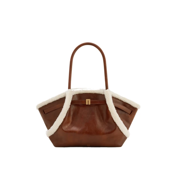 JW PEI Hana Medium Faux Shearling Trim Tote Bag in Brown