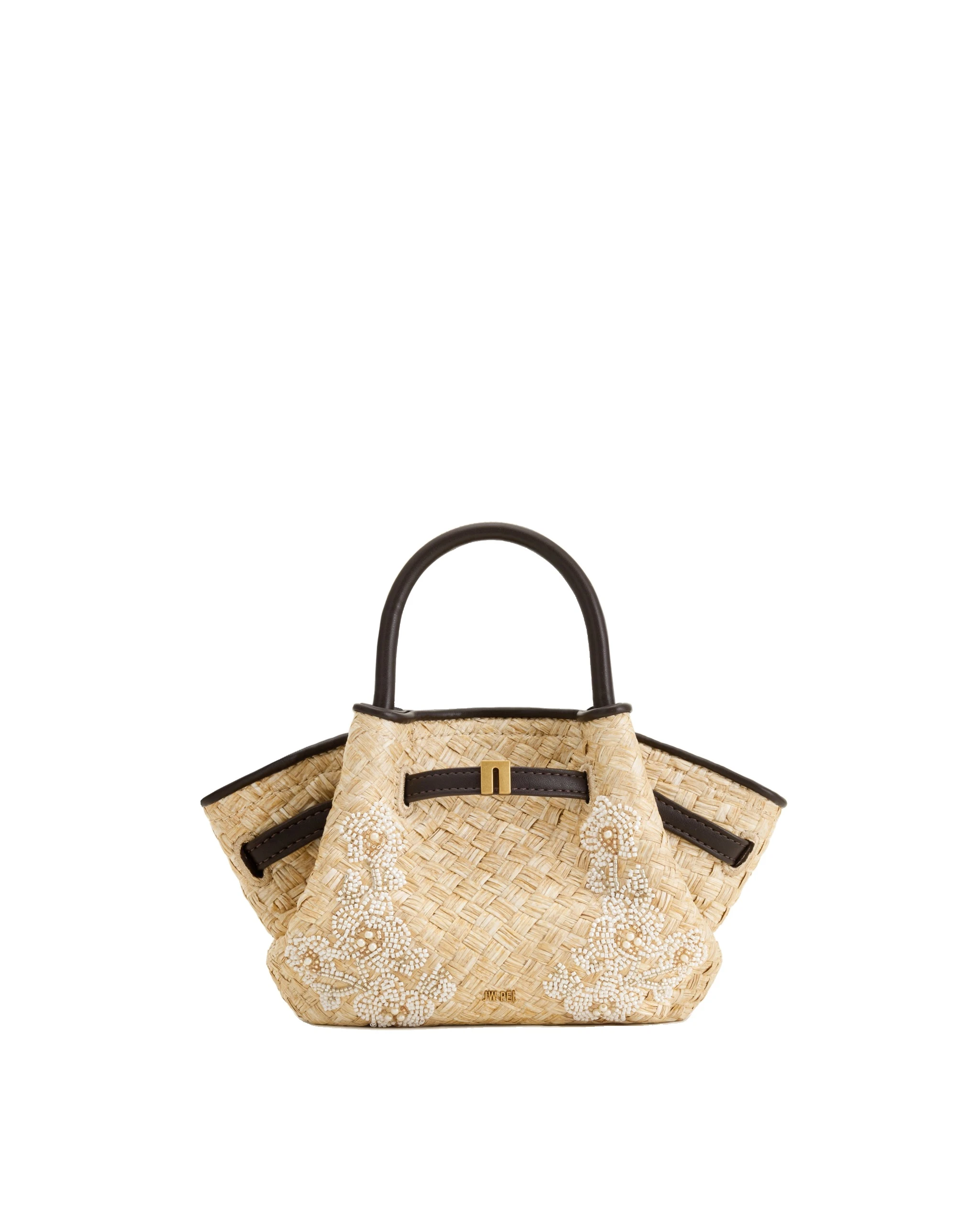 JW PEI Hana Mini Faux Straw Beading Tote Bag in Brown | Mini Bags | Luxury Shoes JW PEI Hana Mini Faux Straw Beading Tote Bag in Brown