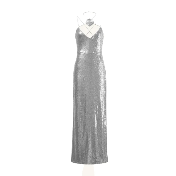 JW PEI Heisey Silver Sequinned Rosette Maxi Dress