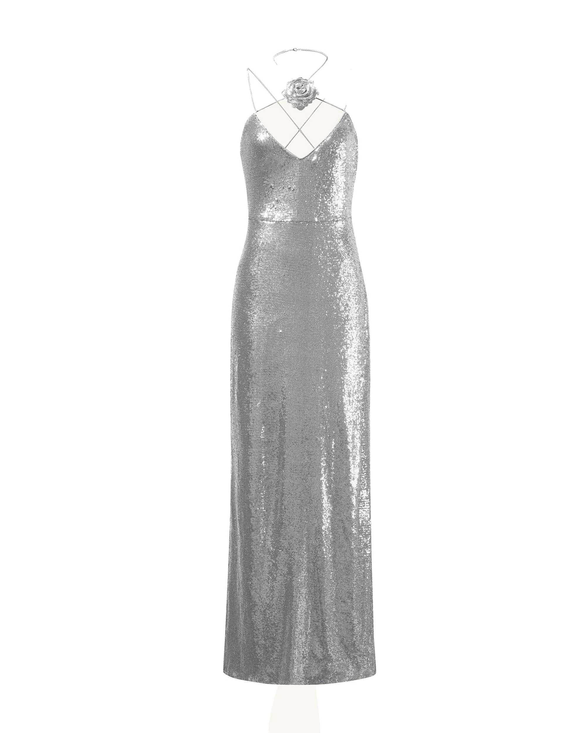 JW PEI maxi dress | Los Angeles Vegan Fashion Dresses | Luxury Shoes JW PEI Heisey Silver Sequinned Rosette Maxi Dress