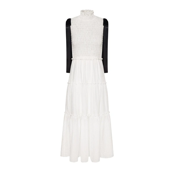 JW PEI High-Neck Sleeveless Smocked Three-Tier Maxi Dress