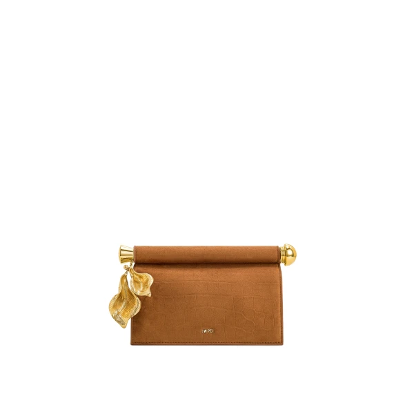 JW PEI Holly Faux Suede Metal Pendant Embellished Clutch in Brown