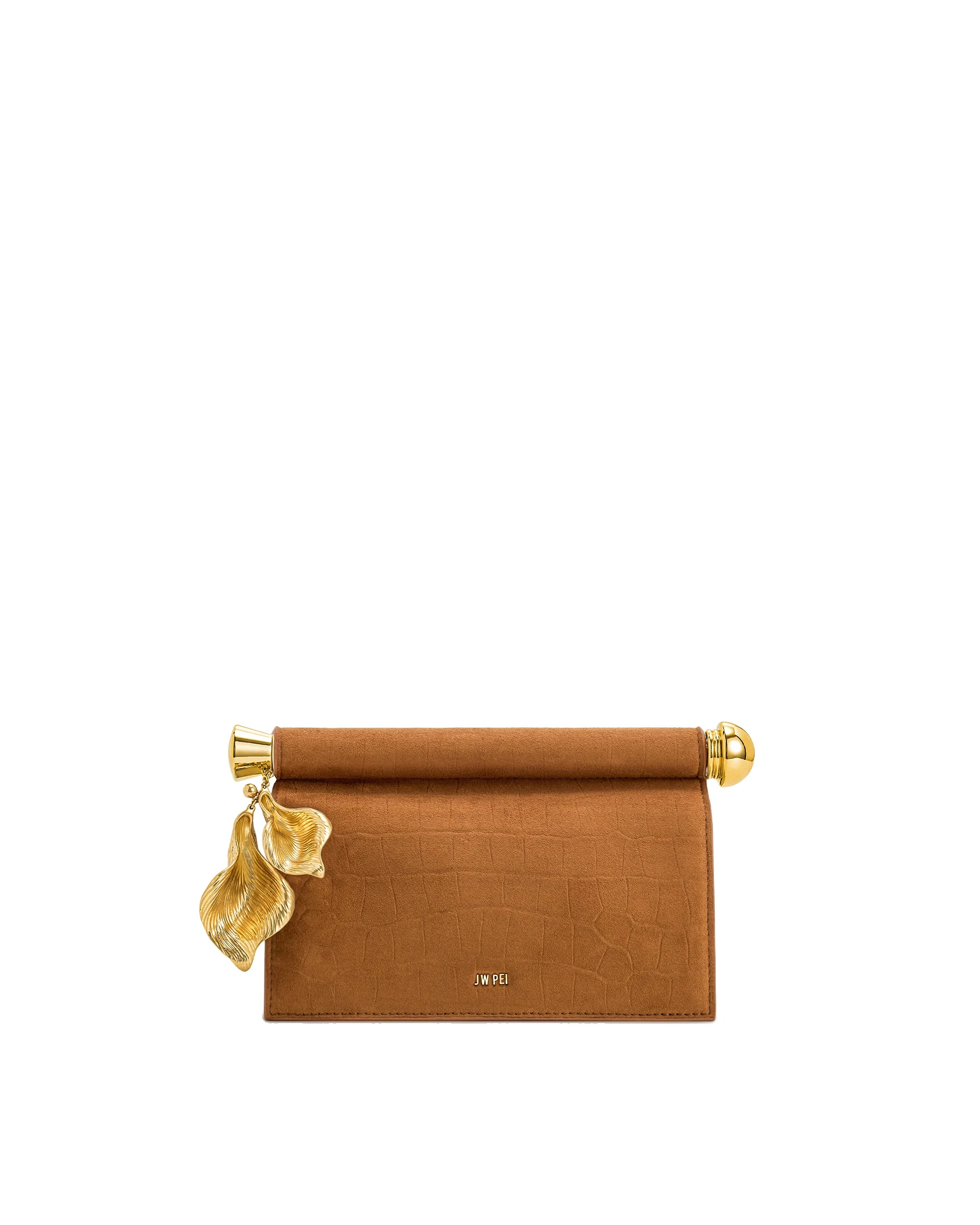 JW PEI Holly Faux Suede Metal Pendant Embellished Clutch in Brown | Clutch Bags | Luxury Shoes JW PEI Holly Faux Suede Metal Pendant Embellished Clutch in Brown