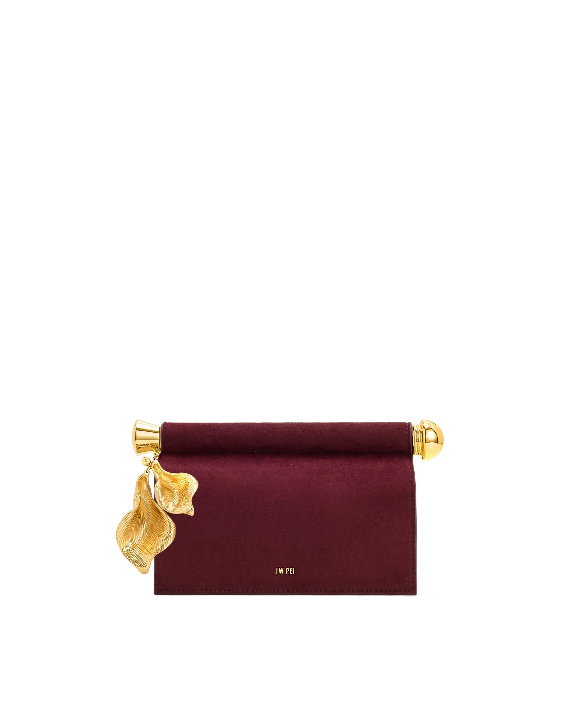 JW PEI Holly Faux Suede Metal Pendant Embellished Clutch in Reddish Brown | Clutch Bags | Luxury Shoes JW PEI Holly Faux Suede Metal Pendant Embellished Clutch in Reddish Brown