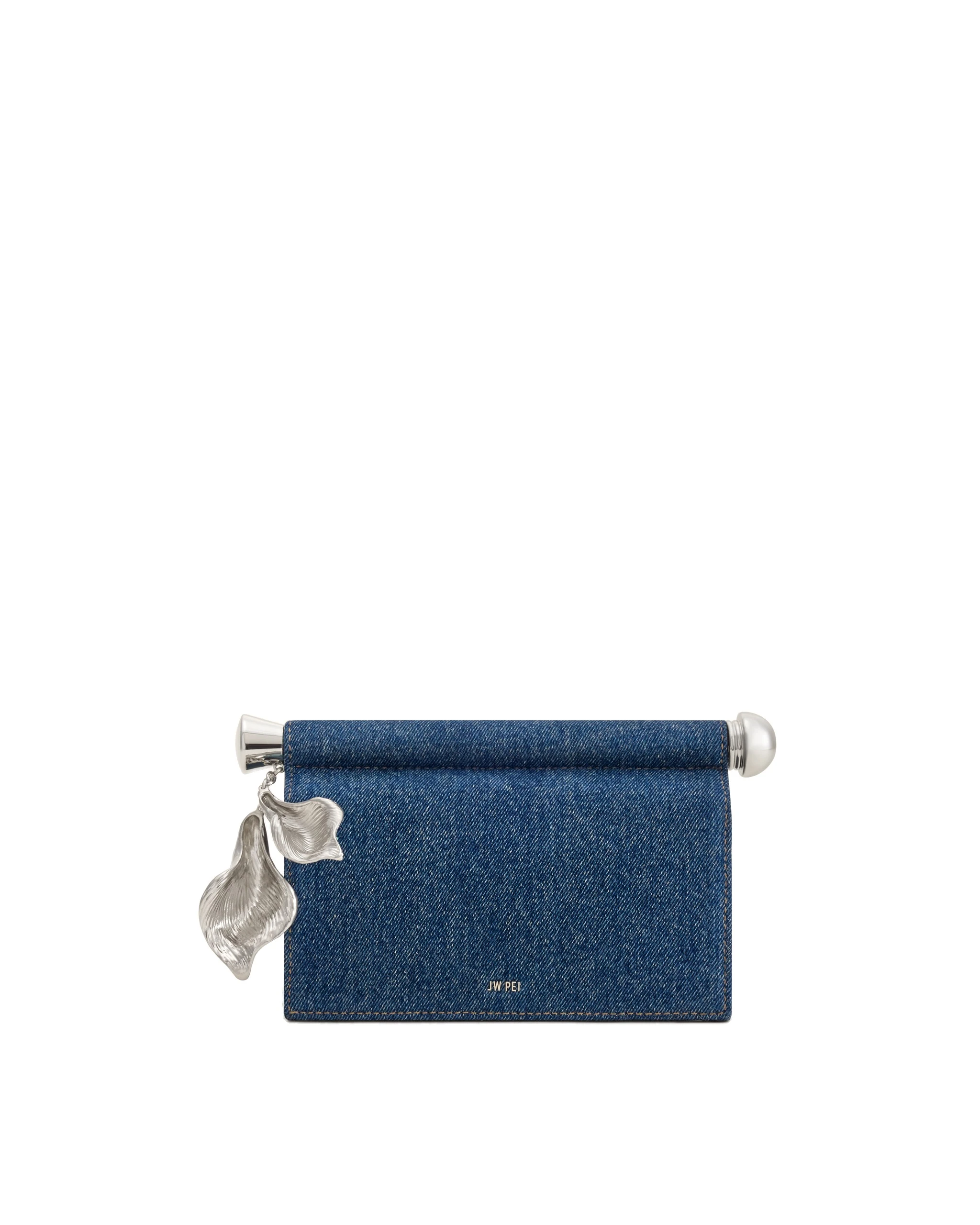 JW PEI Holly Metal Pendant Embellished Clutch in Blue Denim | Clutch Bags | Luxury Shoes JW PEI Holly Metal Pendant Embellished Clutch in Blue Denim