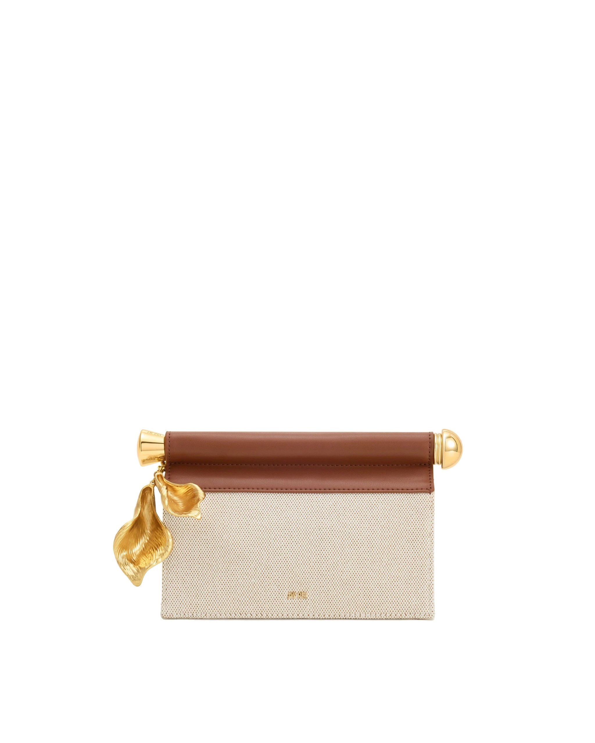 JW PEI Holly Metal Pendant Embellished Clutch in Brown Canvas | Clutch Bags | Luxury Shoes JW PEI Holly Metal Pendant Embellished Clutch in Brown Canvas