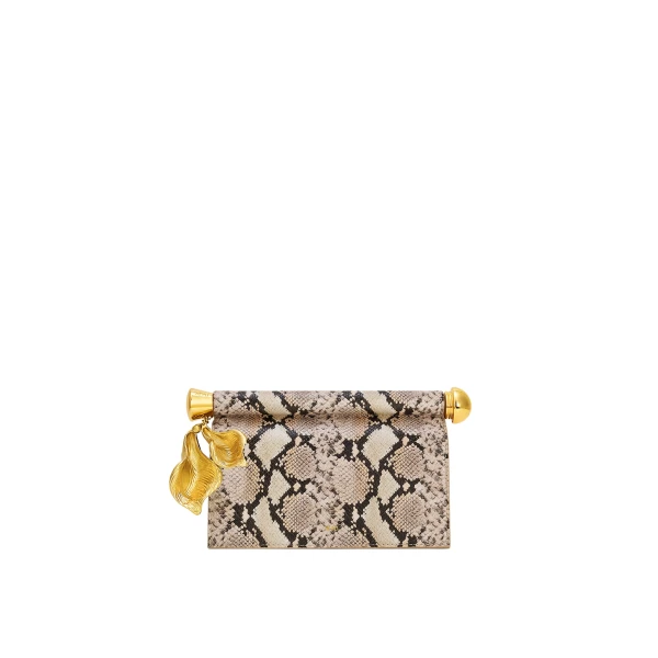 Holly Metal Pendant Embellished Snakeskin Clutch in Apricot