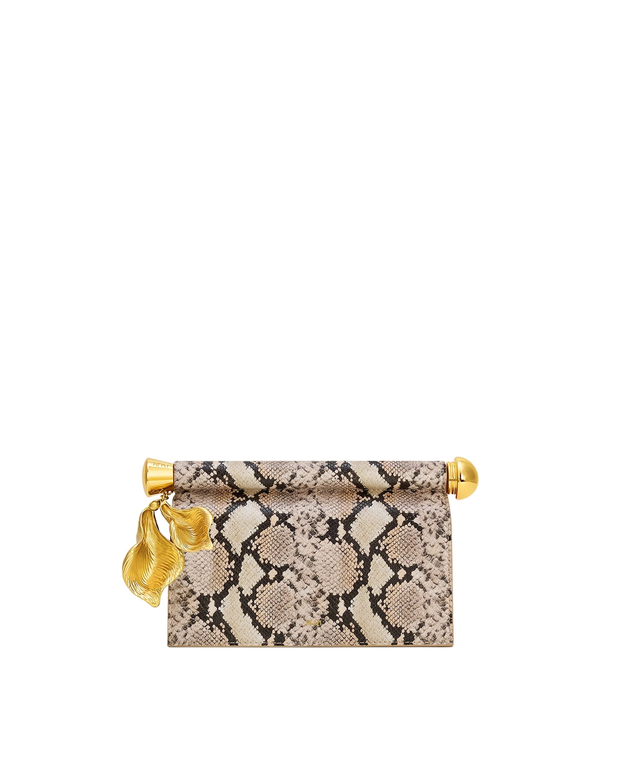 JW PEI Holly Metal Pendant Embellished Snakeskin Clutch in Apricot | Clutch Bags | Luxury Shoes JW PEI Holly Metal Pendant Embellished Snakeskin Clutch in Apricot