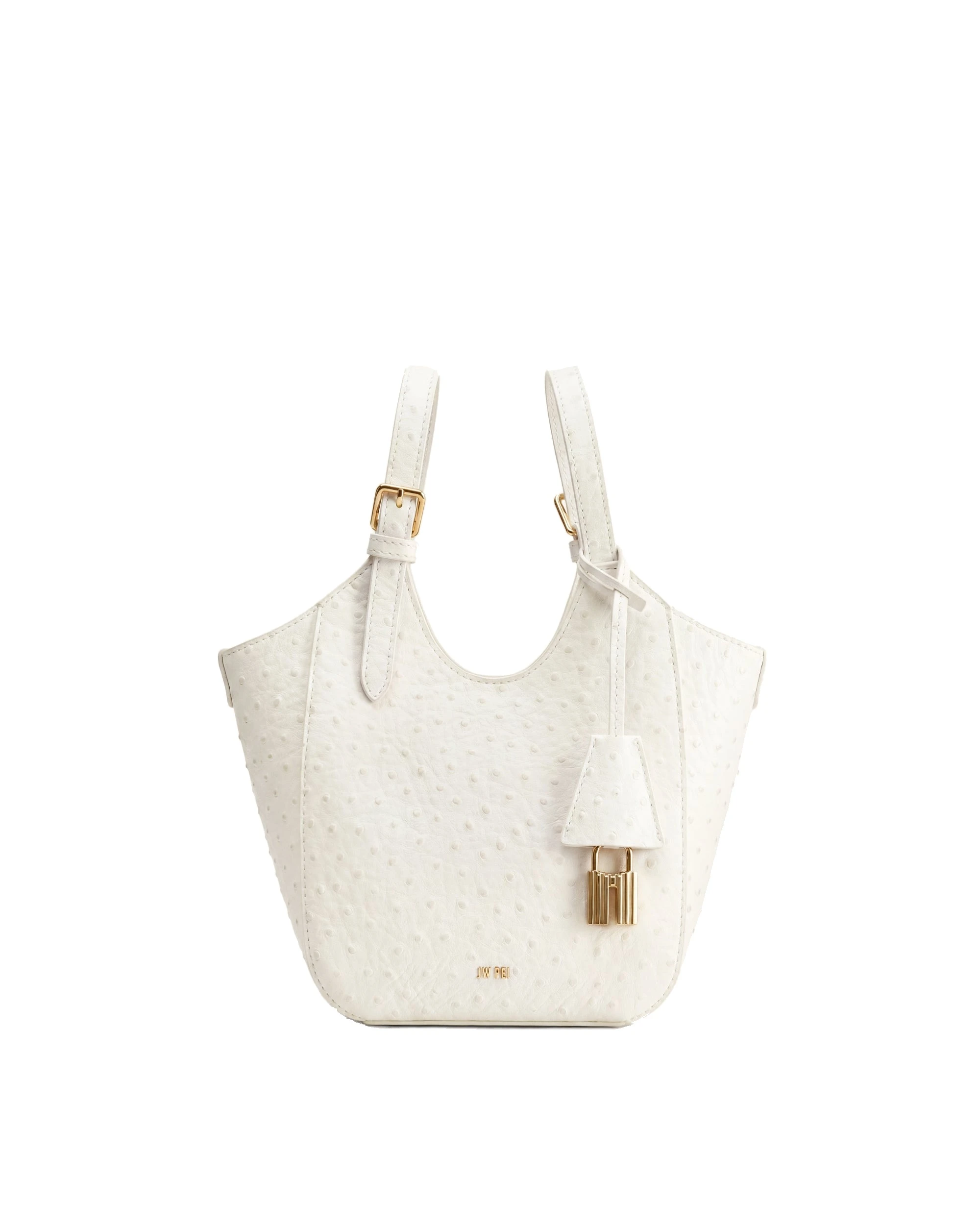 JW PEI Ines Faux Ostrich Padlock Tote Bag in White | Totes & Top-Handle Bags | Luxury Shoes JW PEI Ines Faux Ostrich Padlock Tote Bag in White