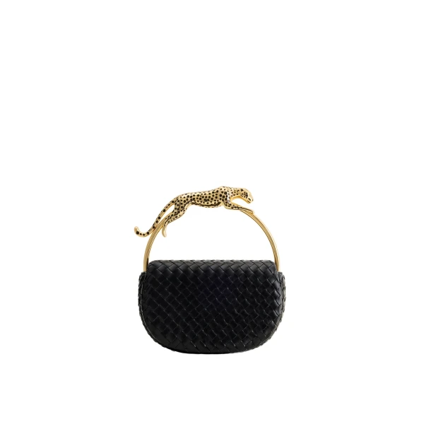 JW PEI Ione Leopard Shaped Hardware Handle Woven Top Handle Bag in Black