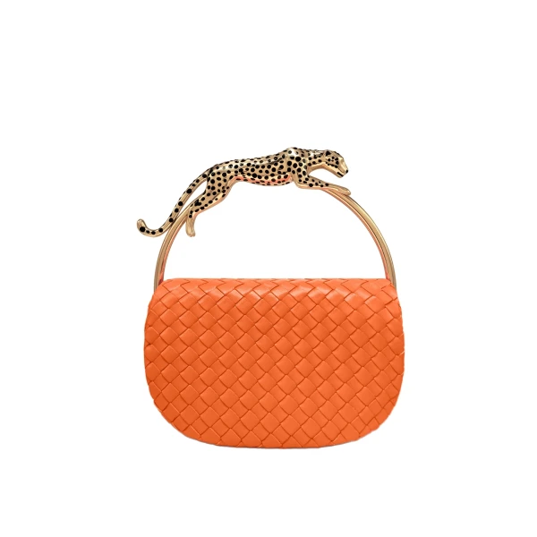 JW PEI Ione Leopard Shaped Hardware Handle Woven Top Handle Bag in Orange