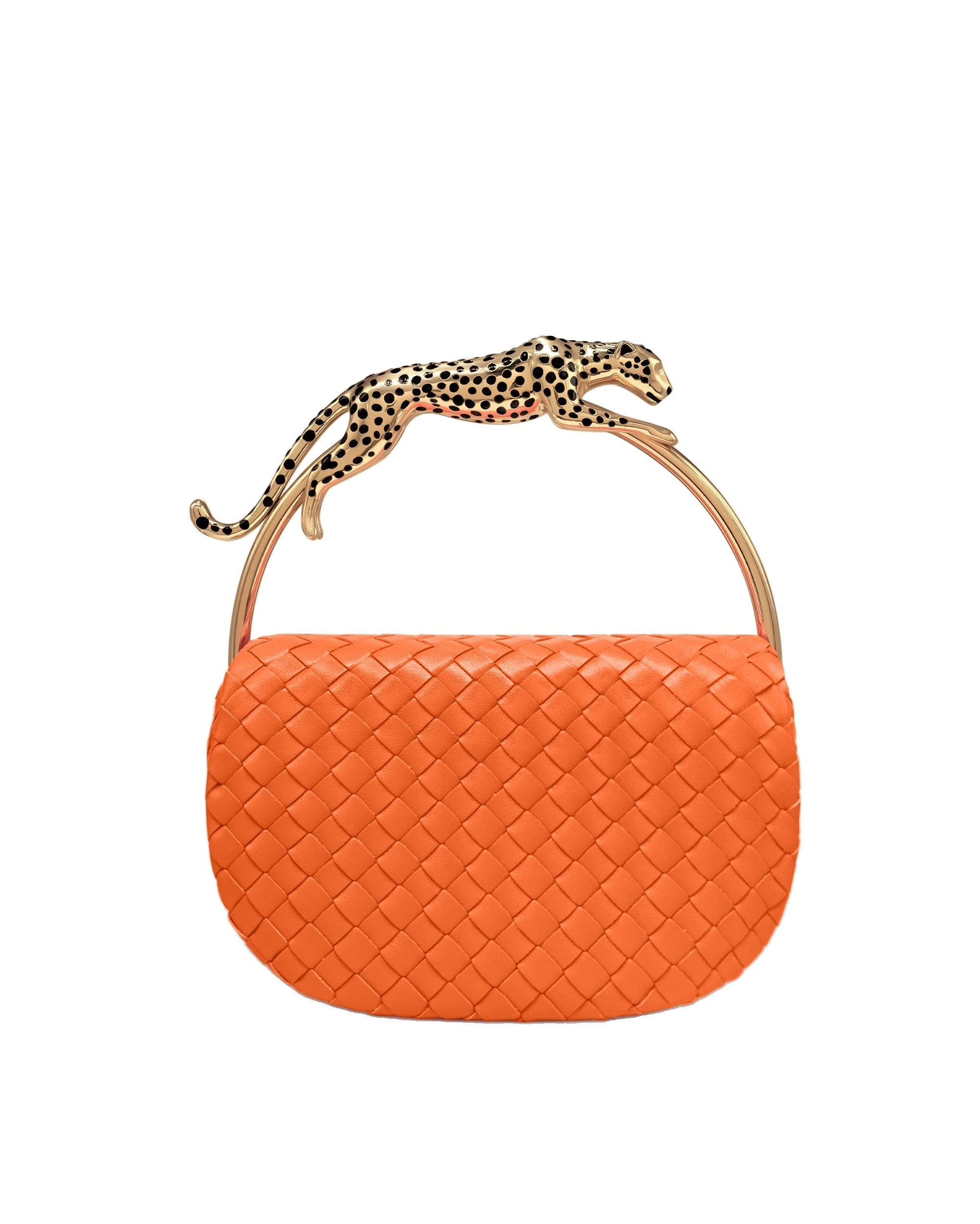 JW PEI Ione Leopard Shaped Hardware Handle Woven Top Handle Bag in Orange | Totes & Top-Handle Bags | Luxury Shoes JW PEI Ione Leopard Shaped Hardware Handle Woven Top Handle Bag in Orange