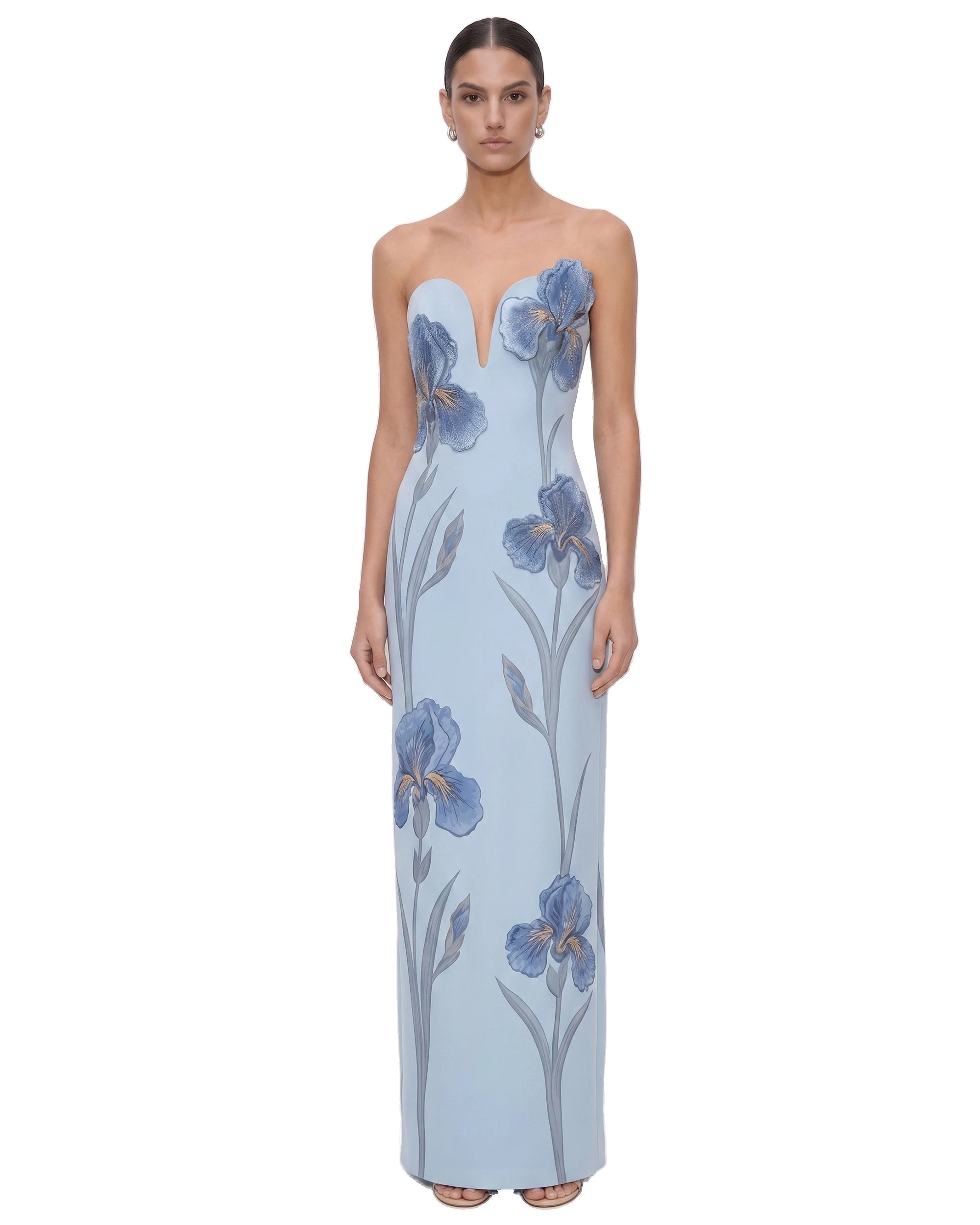 JW PEI maxi dress | Los Angeles Vegan Fashion Dresses | Luxury Shoes JW PEI Iris Embroidered Notch Neck Strapless Maxi Dress