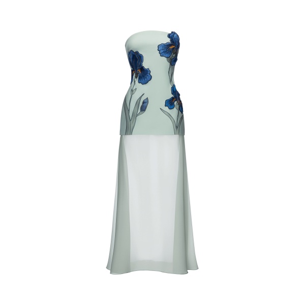 JW PEI Iris Embroidered Strapless Sheer Overlay Maxi Dress