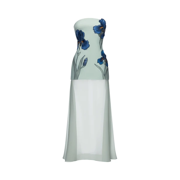 JW PEI Iris Embroidered Strapless Sheer Overlay Maxi Dress