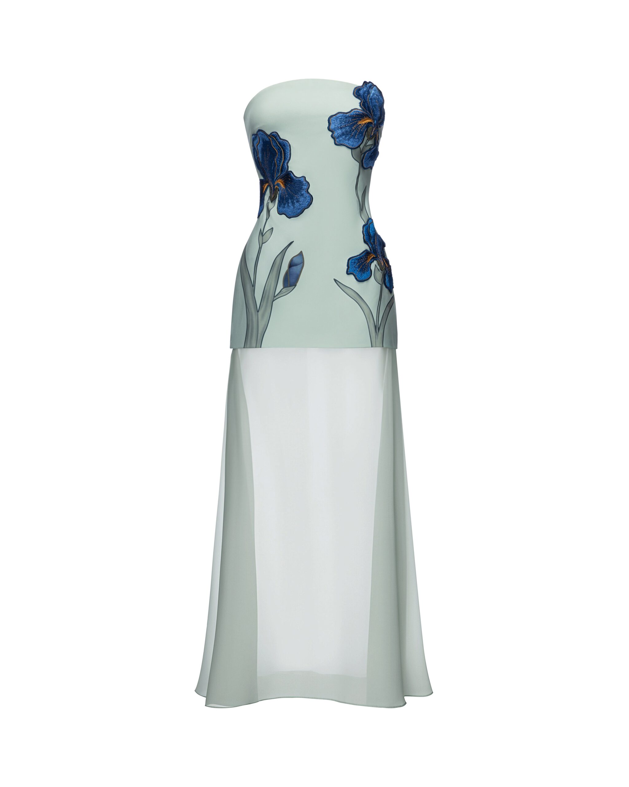 JW PEI maxi dress | Los Angeles Vegan Fashion Dresses | Luxury Shoes JW PEI Iris Embroidered Strapless Sheer Overlay Maxi Dress