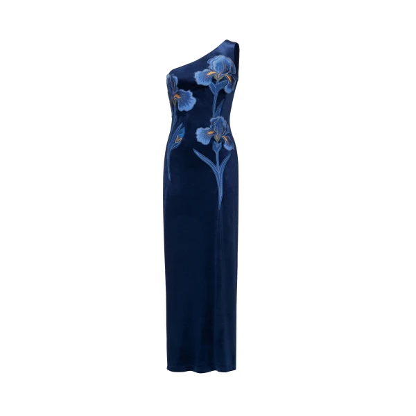 JW PEI Iris Embroidered Velvet One Shoulder Maxi Dress