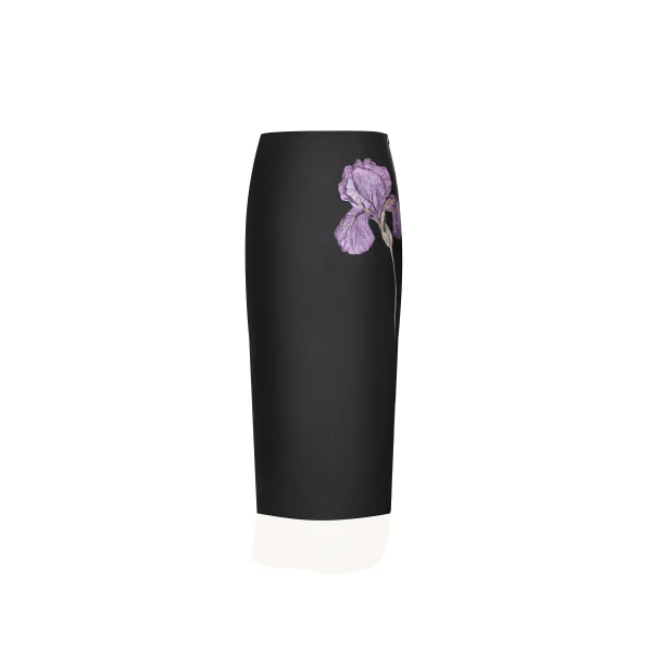 Iris Floral-Print High Waist Pencil Leather Midi Skirt in Black