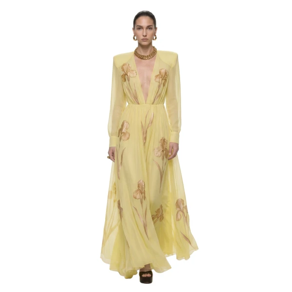 JW PEI Iris Floral Print Long-Sleeve Sheer Gown