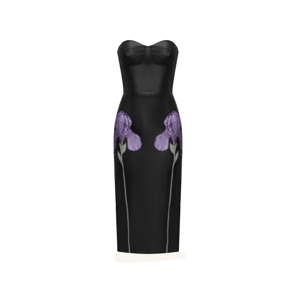 JW PEI Iris Floral-Print Strapless Corset Leather Midi Dress