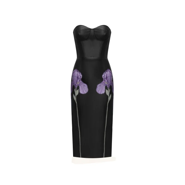 JW PEI Iris Floral-Print Strapless Corset Leather Midi Dress