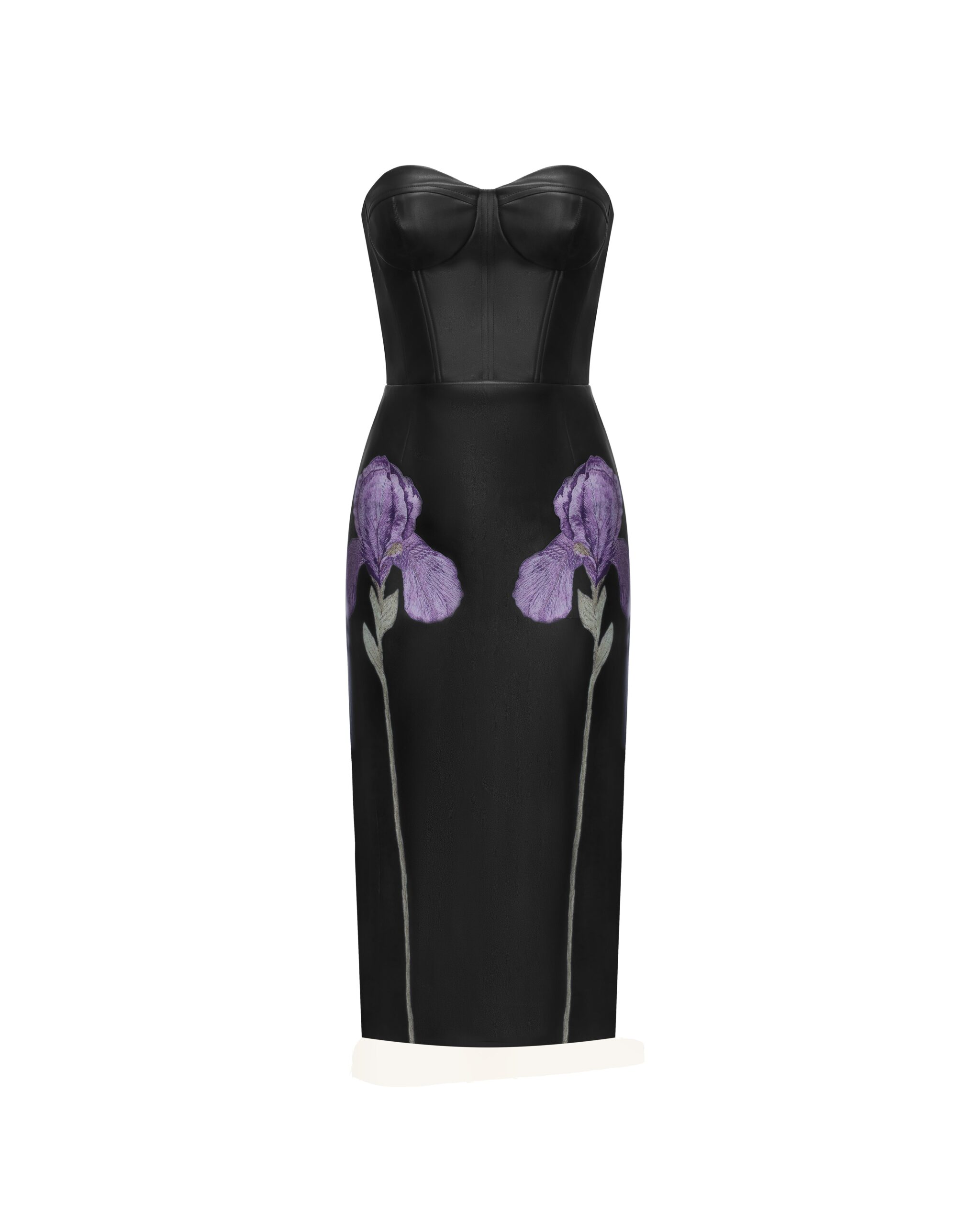 JW PEI midi dress | Los Angeles Vegan Fashion Dresses | Luxury Shoes JW PEI Iris Floral-Print Strapless Corset Leather Midi Dress