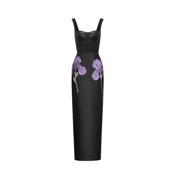 JW PEI Iris Floral-Print Strappy Corset Leather Maxi Dress