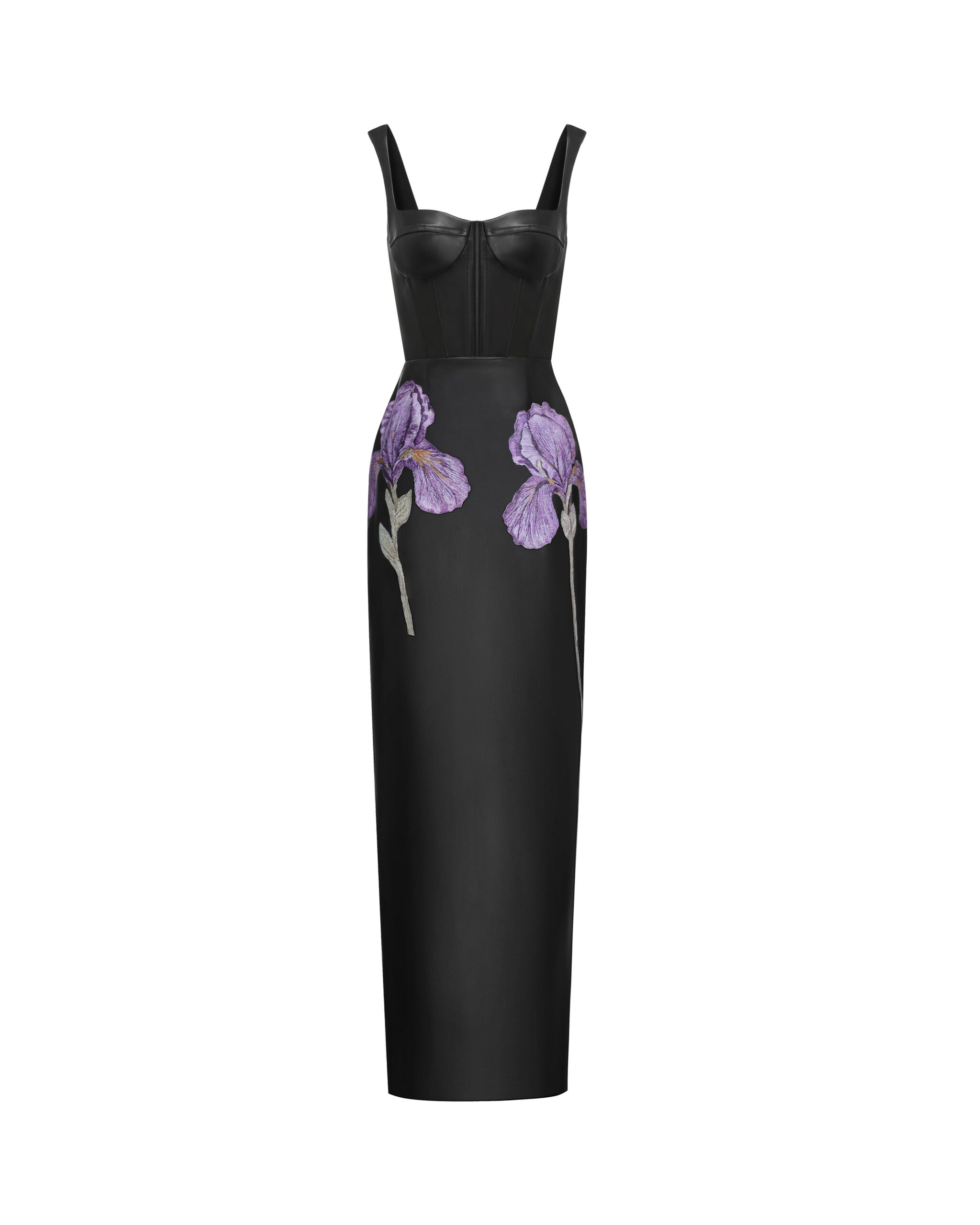 JW PEI maxi dress | Los Angeles Vegan Fashion Dresses | Luxury Shoes JW PEI Iris Floral-Print Strappy Corset Leather Maxi Dress