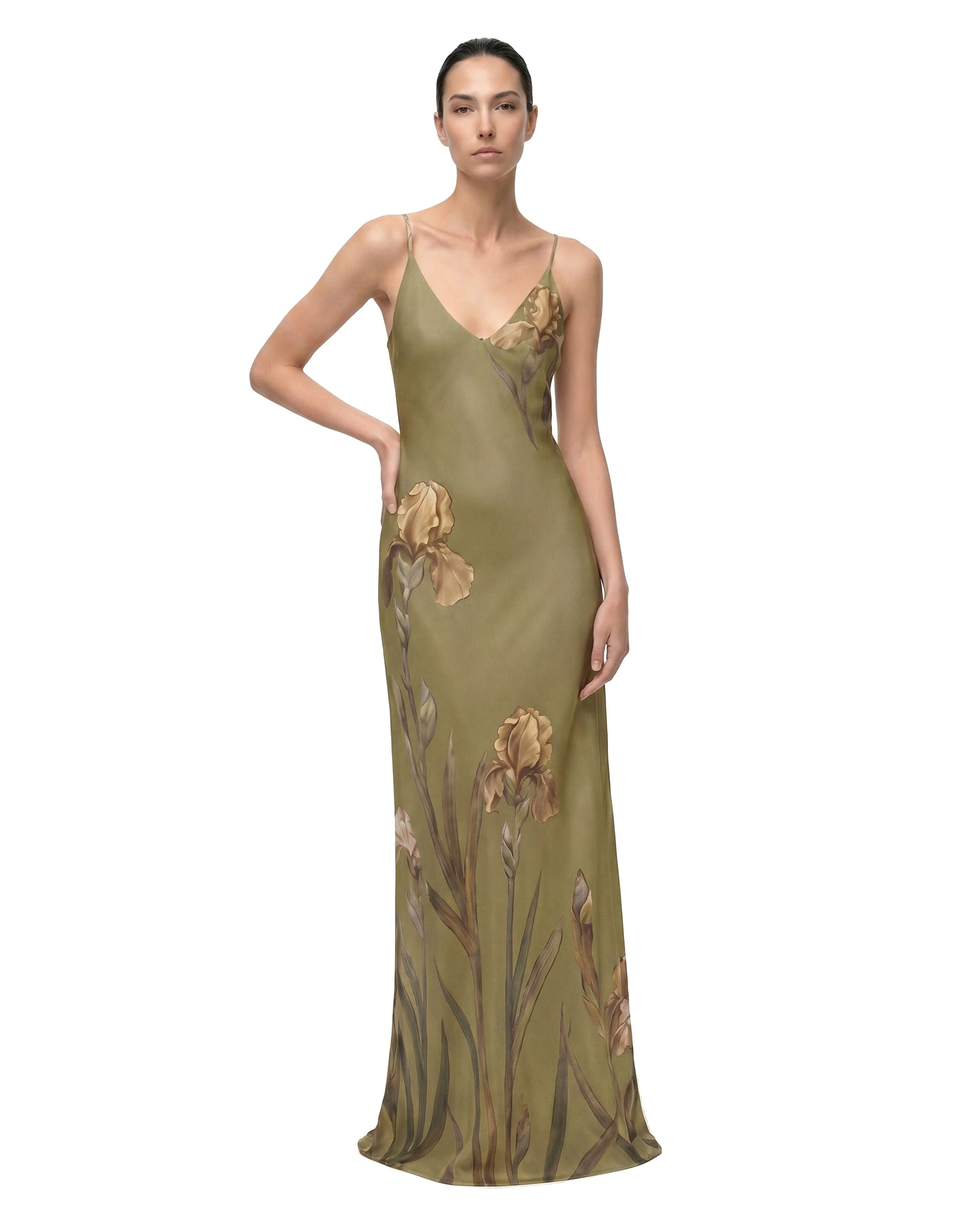 JW PEI gown | Los Angeles Vegan Fashion Dresses | Luxury Shoes JW PEI Iris Motif Satin Slip Gown